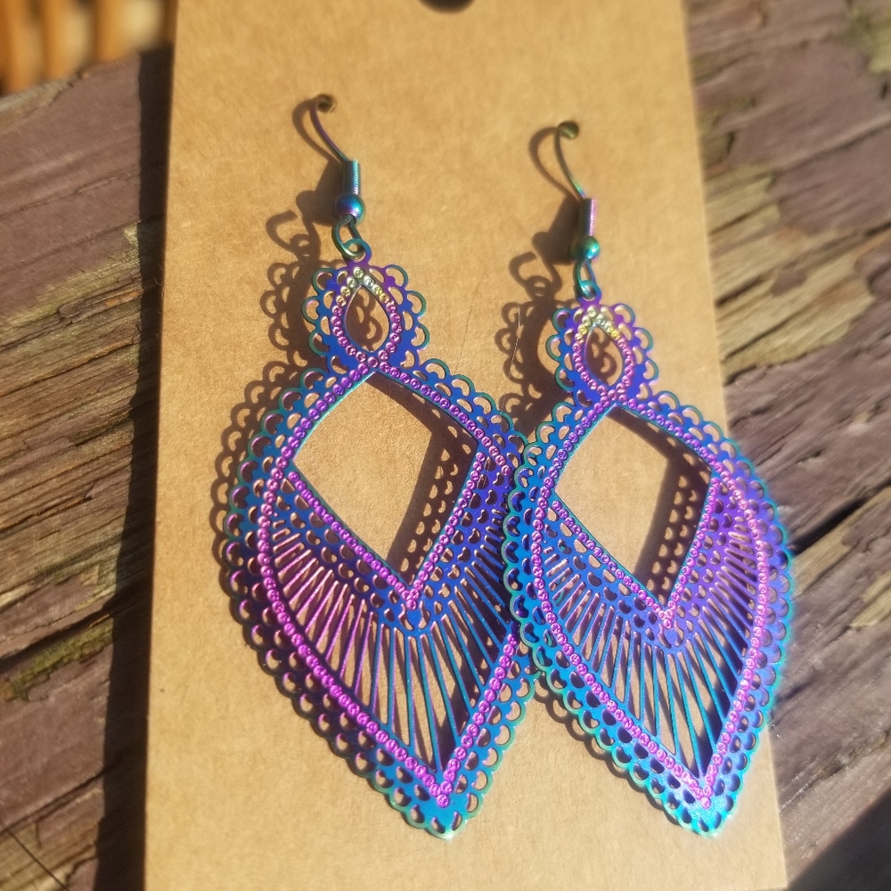 Lacey Filligree Rainbow Color Changing Stainless Steel Earrings